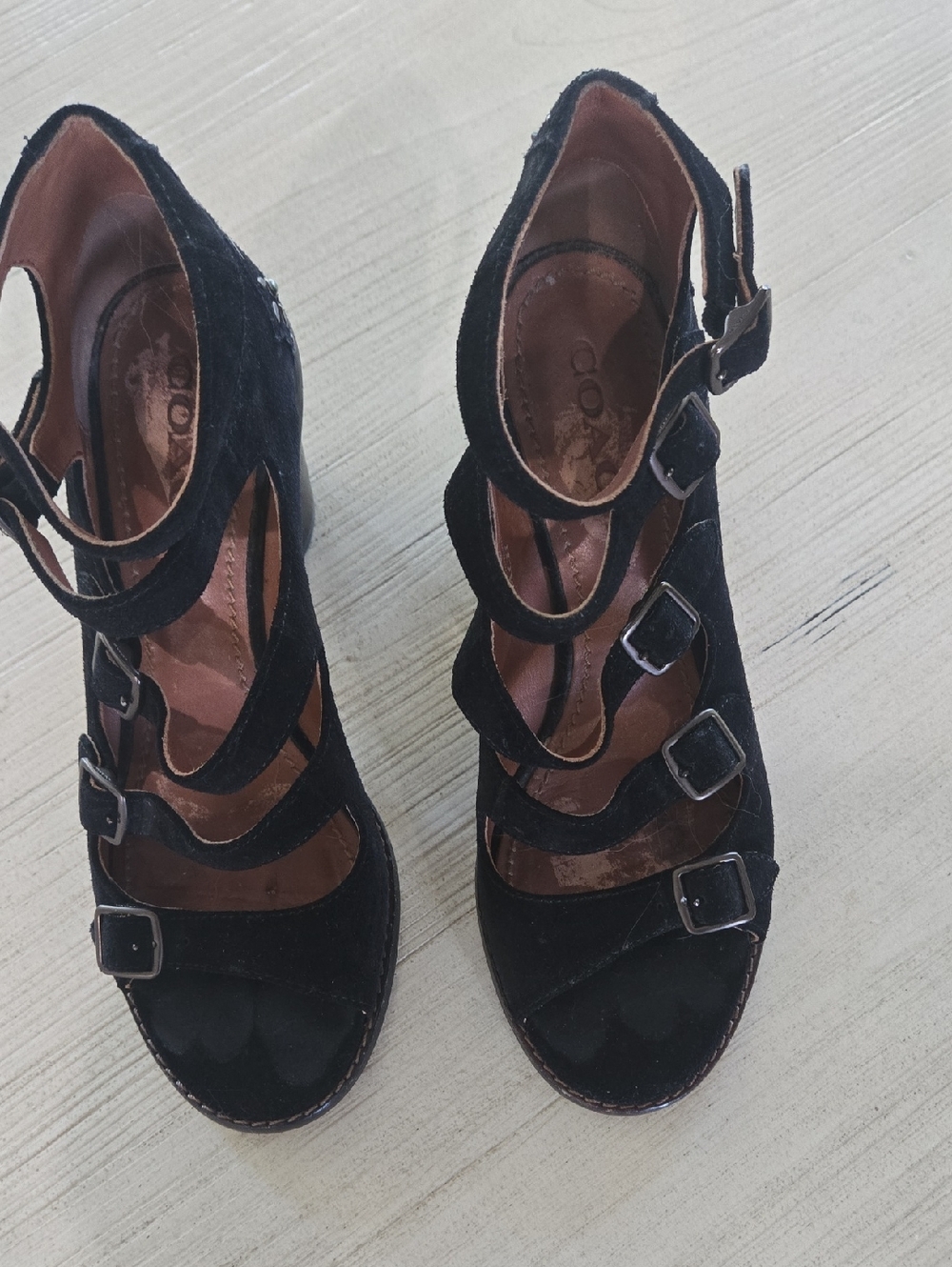 Coach Black Suede Multi-Strap Buckle Wedge Sandals